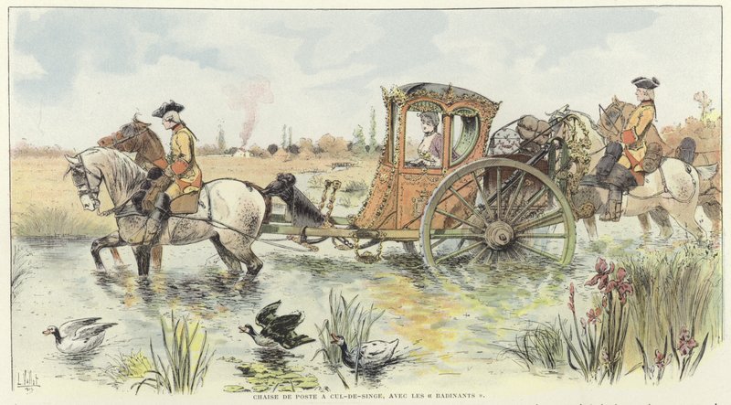 Una donna che viaggia in una carrozza trainata da cavalli attraverso un fiume da Louis Vallet