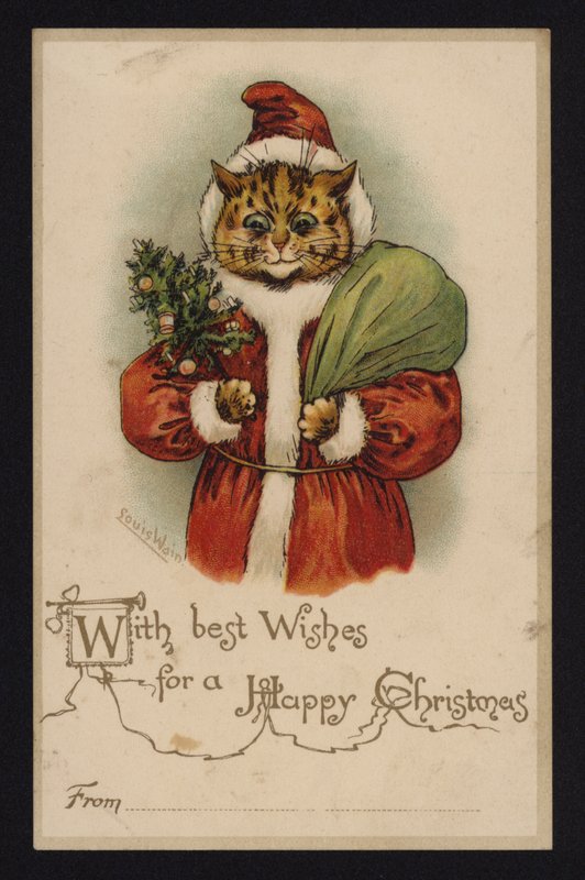 Gatto come Babbo Natale, biglietto di auguri di Natale (cromolitografia) da Louis Wain
