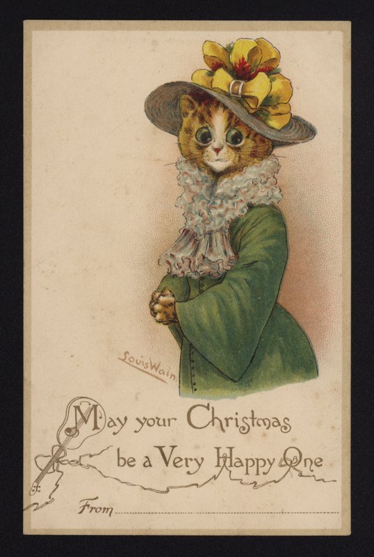 Gatto con cappello e cappotto da donna, biglietto di auguri di Natale (cromolitografia) da Louis Wain