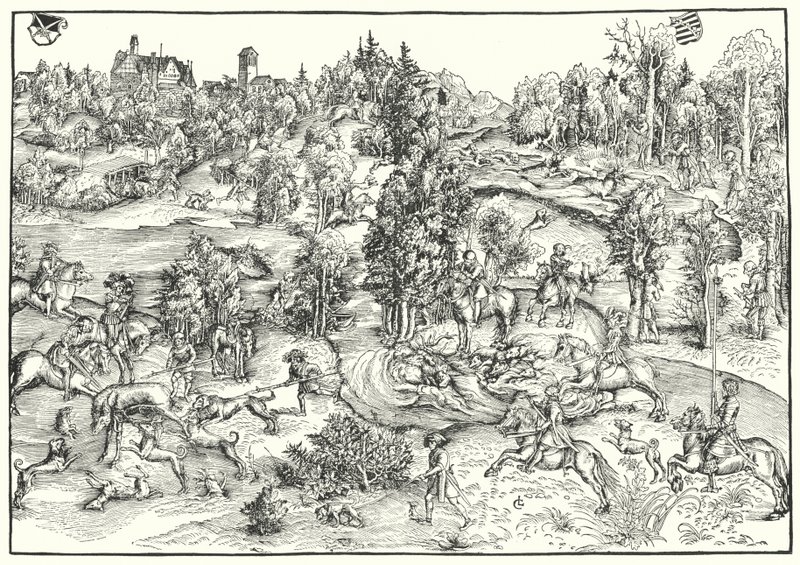 Caccia al cervo in un parco dei cervi o paesaggio (incisione) da Lucas the Elder (after) Cranach