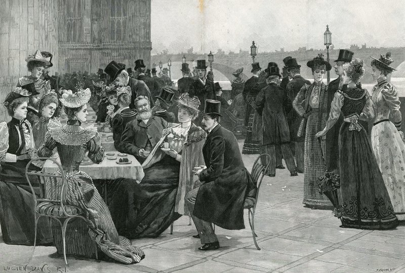 La Camera dei Comuni: Tè sulla terrazza (litografia) da Lucien Davis