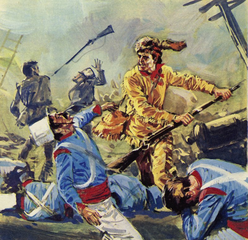 Davy Crockett alla fine cadde sotto gli incessanti attacchi messicani (litografia a colori) da Luis Arcas Brauner
