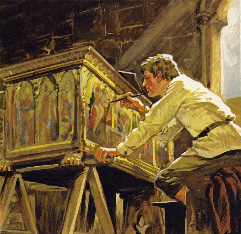 Duccio di Buoninsegna lavorava a Siena decorando scatole (litografia a colori) da Luis Arcas Brauner