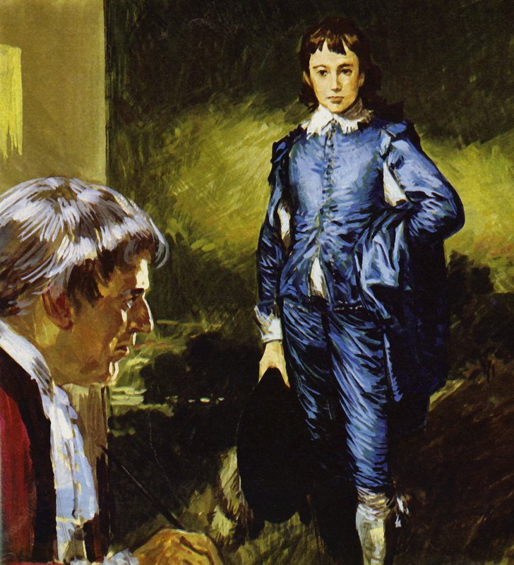 Gainsborough mentre dipinge il suo famoso ritratto Blue Boy (litografia a colori) da Luis Arcas Brauner