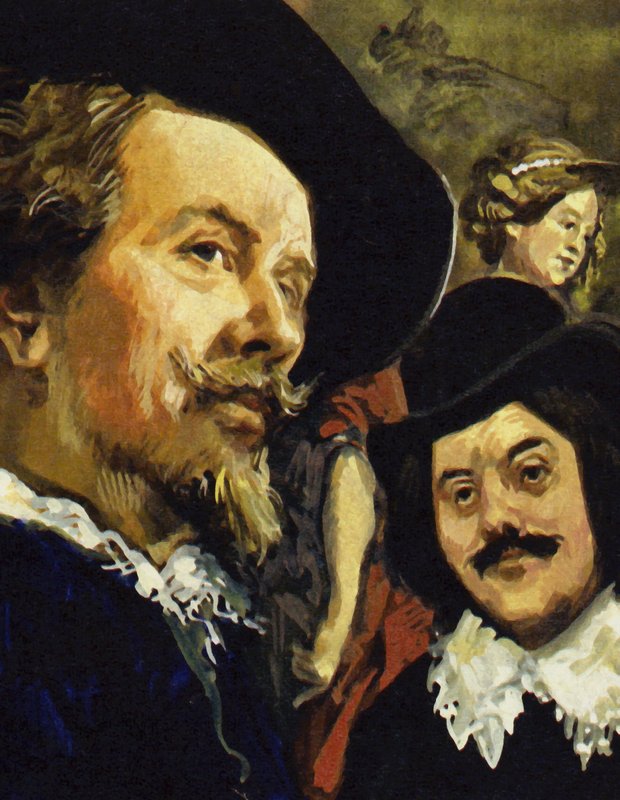 Hals incontra Paul Rubens (a sinistra) durante un viaggio ad Anversa (litografia a colori) da Luis Arcas Brauner
