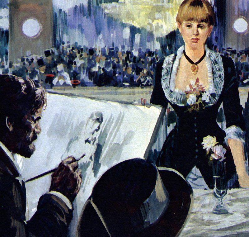 Manet dipinge la ragazza dietro il bancone delle Folies-Bergere (litografia a colori) da Luis Arcas Brauner
