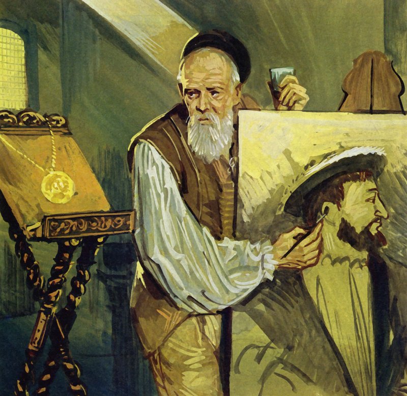 Tiziano dipinge un ritratto del re Francesco I di Francia basato su una medaglia (litografia a colori) da Luis Arcas Brauner
