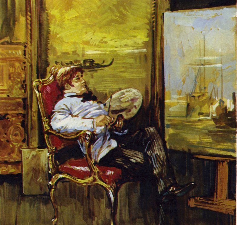 Turner seduto davanti a uno dei suoi dipinti (litografia a colori) da Luis Arcas Brauner
