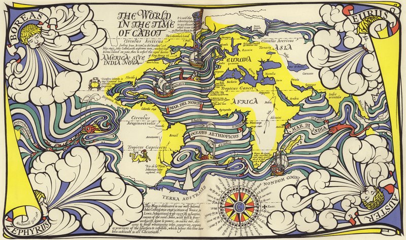 Mappa del mondo al tempo dei navigatori Giovanni e Sebastiano Caboto (litografia a colori) da MacDonald Gill