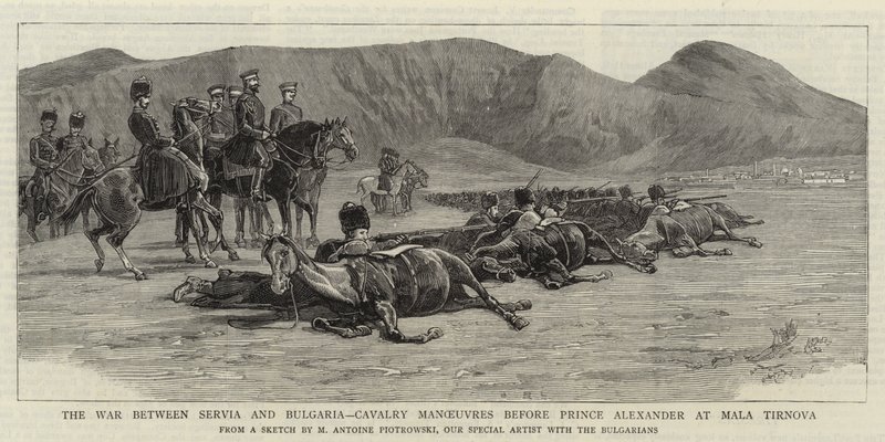 La guerra tra Serbia e Bulgaria, manovre di cavalleria davanti al Principe Alessandro a Mala Tirnova da Maksymiljan Antoni Piotrowski