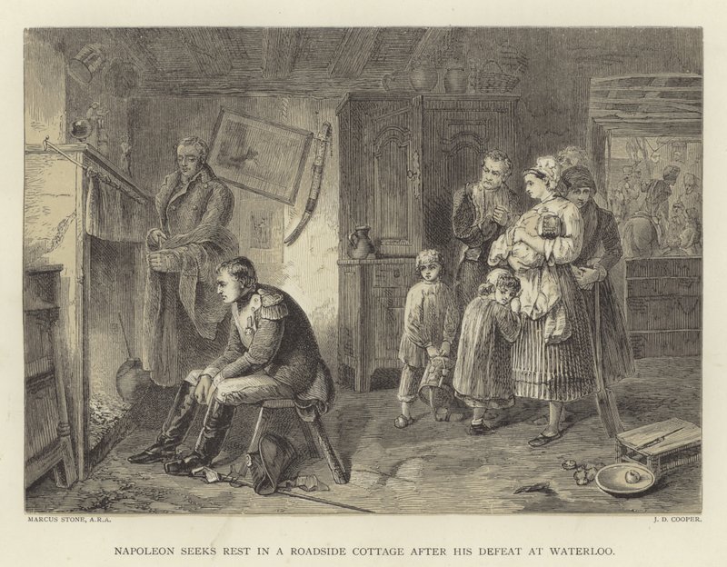 Napoleone cerca riposo in un cottage lungo la strada dopo la sua sconfitta a Waterloo da Marcus Stone