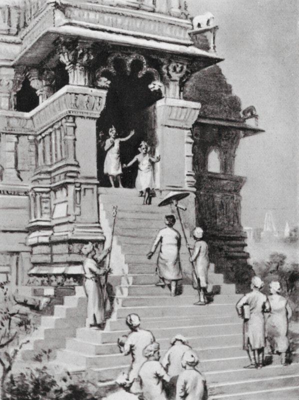 Kirtivarman Chandella visita il suo tempio a Khajurahu, 1065 d.C. (litografia) da Margaret (after) Dovaston