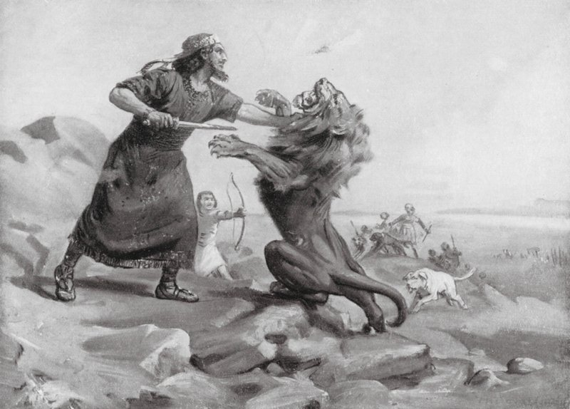 Tiglath-Pileser I che uccide un leone (litografia) da Margaret (after) Dovaston