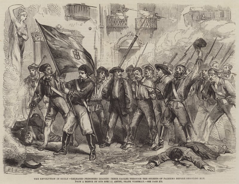 La rivoluzione in Sicilia, prigionieri liberati che conducono il loro carceriere per le strade di Palermo prima di sparargli da Matthew Somerville Morgan