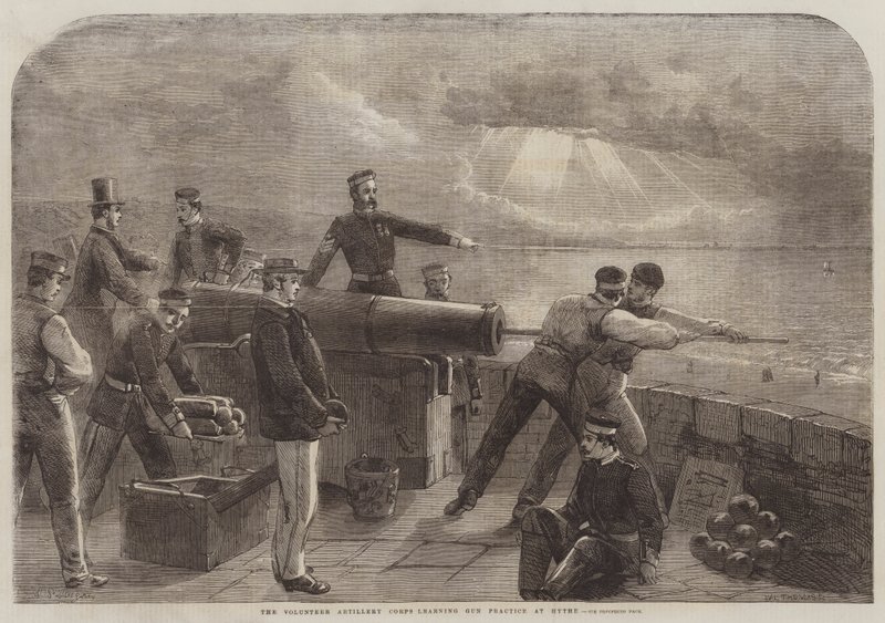 Il Corpo di Artiglieria Volontaria che apprende la pratica del cannone a Hythe da Matthew Somerville Morgan