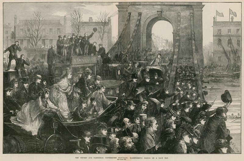 La gara di canottaggio Oxford e Cambridge: Ponte di Hammersmith il giorno della gara da Matthew White Ridley