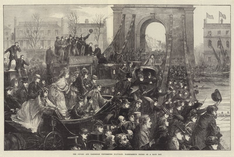 La gara di canottaggio delle università di Oxford e Cambridge, ponte di Hammersmith in un giorno di gara da Matthew White Ridley