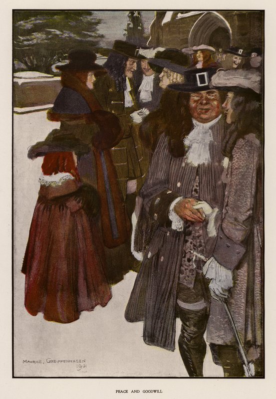 Scambio di auguri di Natale fuori da una chiesa da Maurice (after) Greiffenhagen