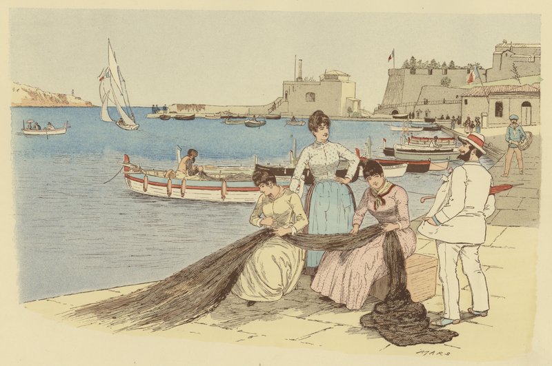 Un uomo che chiacchiera con un gruppo di donne che riparano reti da pesca a Villefranche, Francia da Maurice Charles Mathieu Bonvoisin