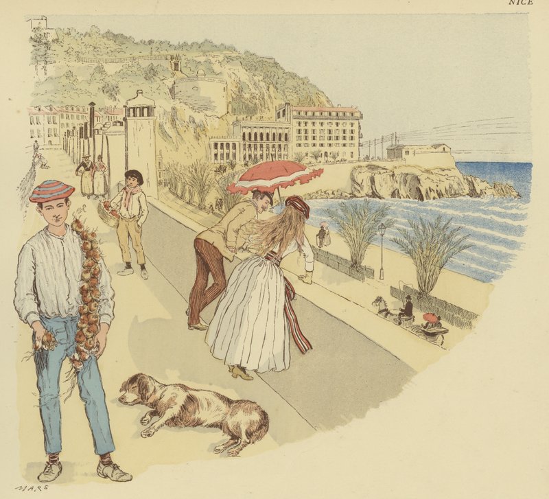 Un venditore di cipolle con la sua merce e persone che si godono la terrazza che porta alla montagna del Rauba-Capeu, Nizza da Maurice Charles Mathieu Bonvoisin