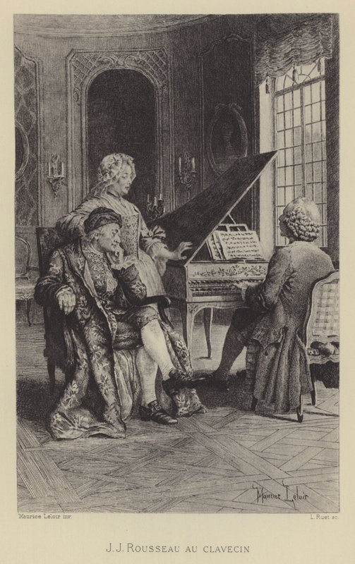 Jean-Jacques Rousseau al clavicembalo (incisione) da Maurice Leloir