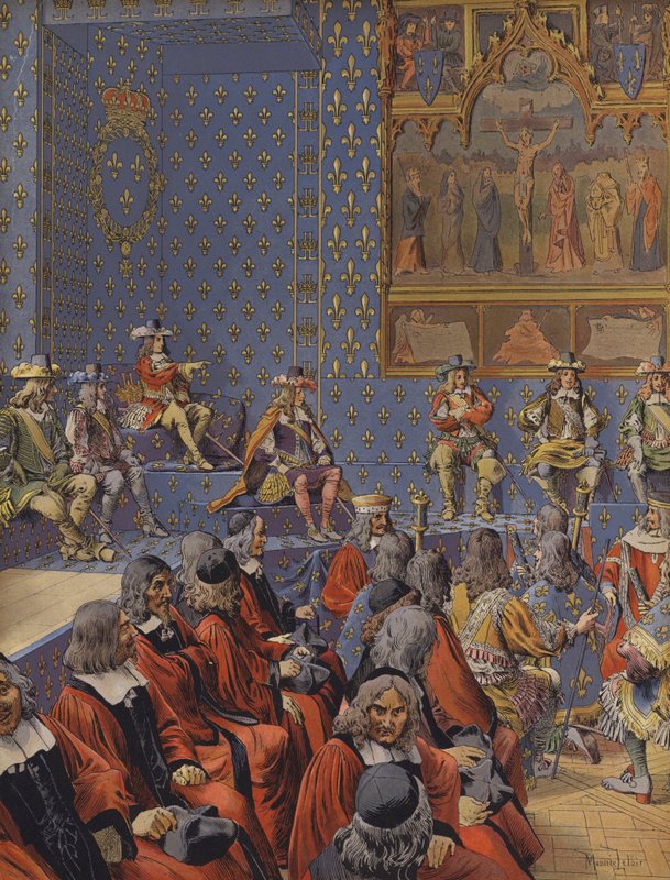 Re Luigi XIV seduto con gli stivali al Parlamento da Maurice Leloir