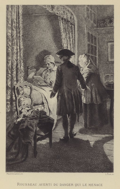 Rousseau avvertito del pericolo che lo minaccia (incisione) da Maurice Leloir