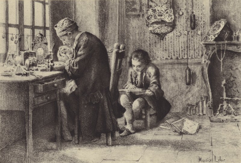 Il giovane Jean-Jacques Rousseau che legge mentre suo padre lavora da Maurice Leloir