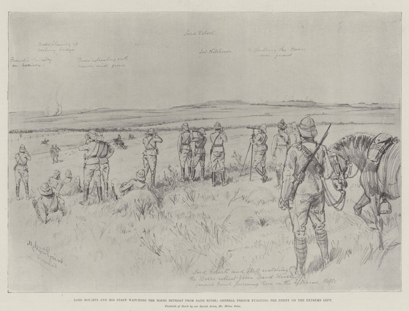Lord Roberts e il suo staff che osservano la ritirata dei Boeri dal Sand River; il generale French che insegue il nemico sull