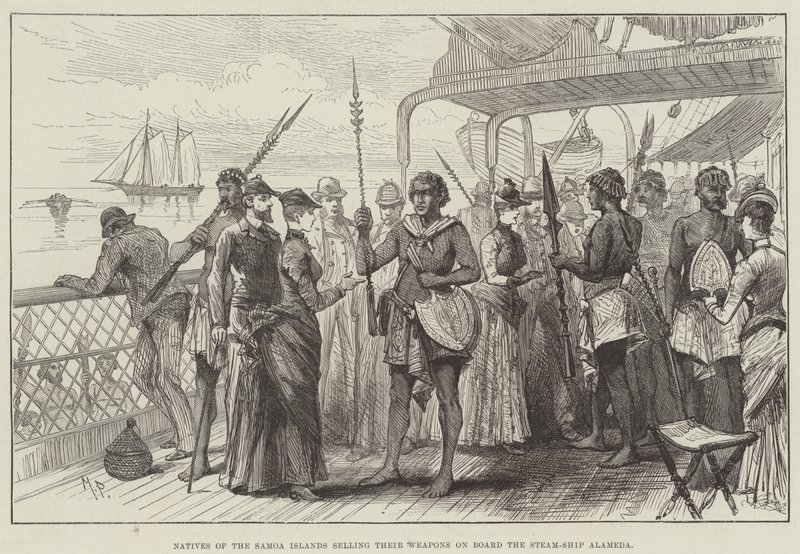Nativi delle isole Samoa che vendono le loro armi a bordo della nave a vapore Alameda da Melton Prior