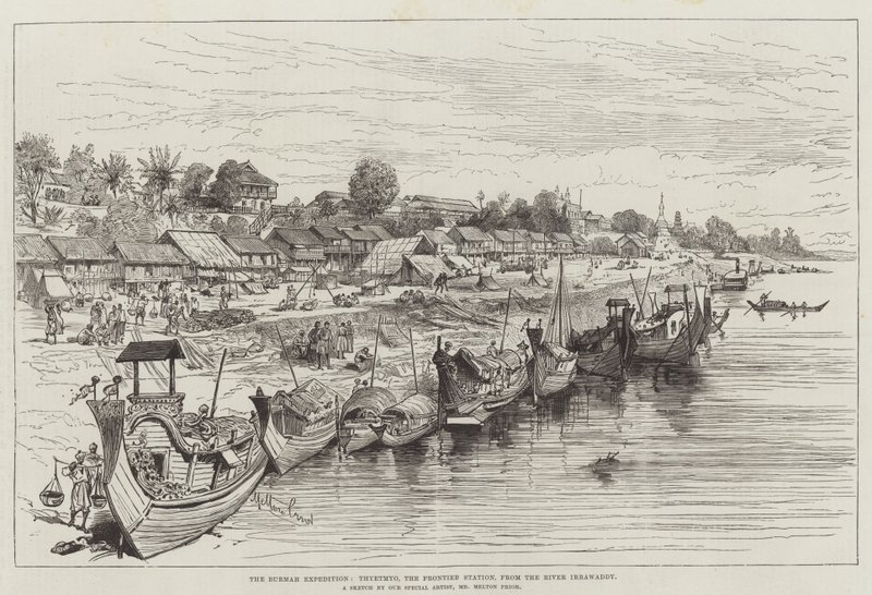 La spedizione in Birmania, Thyetmyo, la stazione di frontiera, dal fiume Irrawaddy da Melton Prior