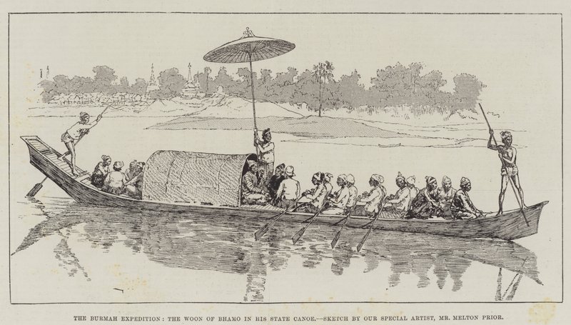 La spedizione in Birmania, il Woon di Bhamo nella sua canoa di stato da Melton Prior