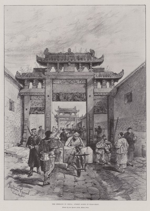 I tedeschi in Cina, scena di strada a Kiao-Chau da Melton Prior