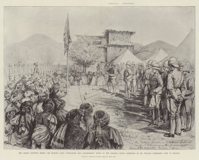 La rivolta della frontiera indiana, Sir Richard Udny annuncia i termini del governo ai capi Orakzai riuniti nel campo di Sir William Lockhart a Maidan da Melton Prior