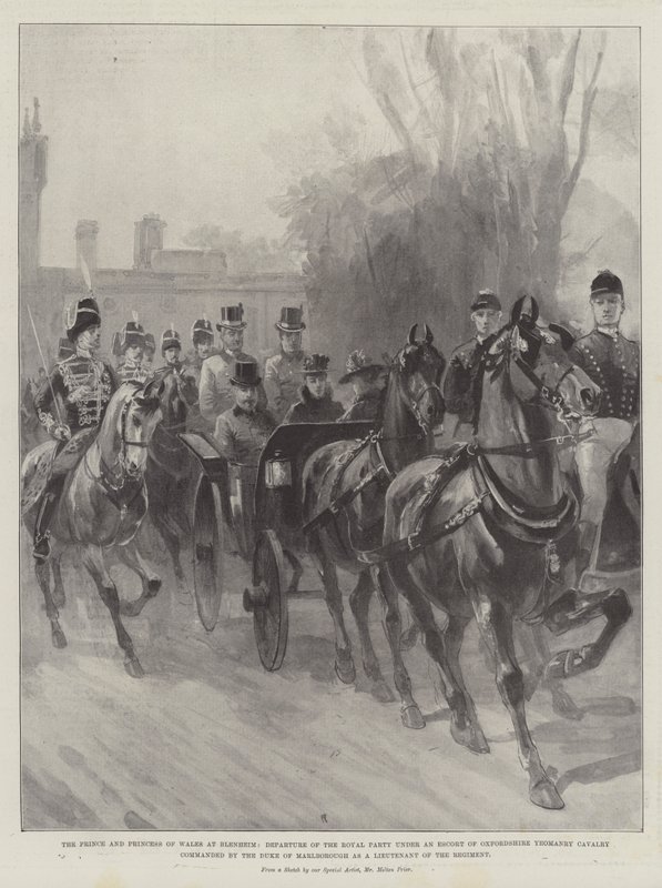 Il principe e la principessa del Galles a Blenheim, partenza del gruppo reale sotto scorta della cavalleria della contea di Oxfordshire comandata dal duca di Marlborough come tenente del reggimento da Melton Prior