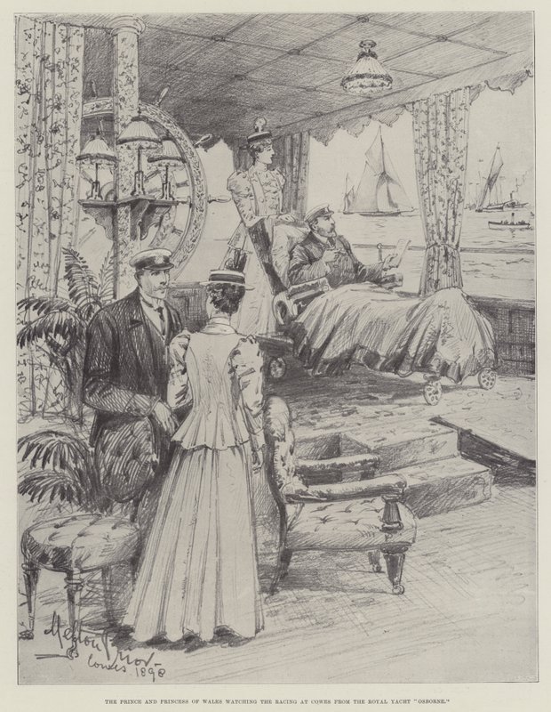 Il principe e la principessa del Galles che guardano le corse a Cowes dal Royal Yacht Osborne da Melton Prior