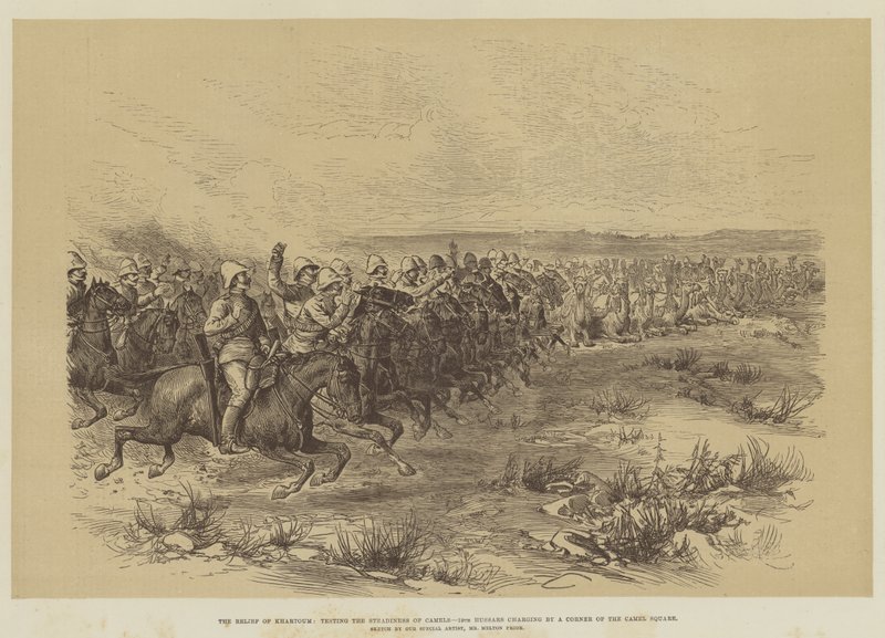 Il sollievo di Khartoum, testando la stabilità dei cammelli, 19° Ussari che caricano da un angolo della piazza dei cammelli da Melton Prior