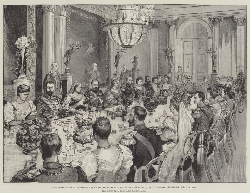 Il Matrimonio Reale a Coburgo, la Colazione di Nozze nella Sala del Trono del Castello di Ehrenburg, 19 aprile 1894 da Melton Prior