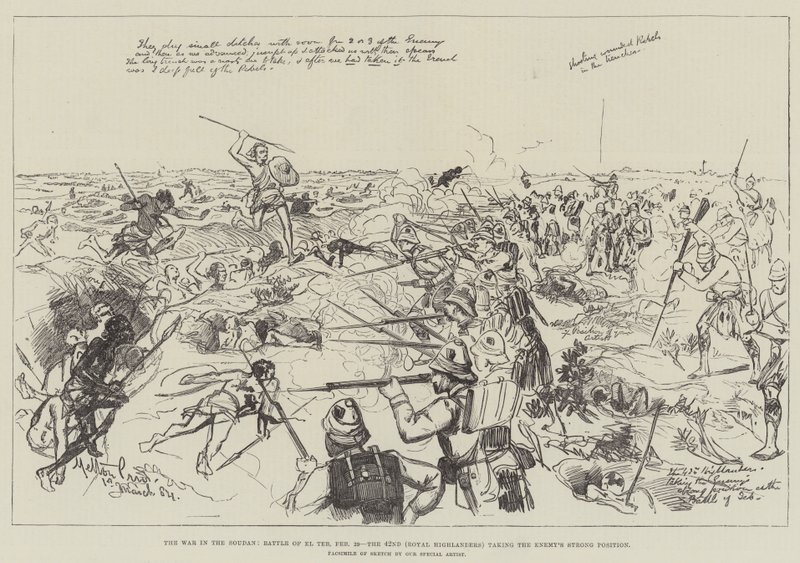 La guerra in Sudan, battaglia di El Teb, 29 febbraio, il 42° (Royal Highlanders) che prende la posizione forte del nemico da Melton Prior
