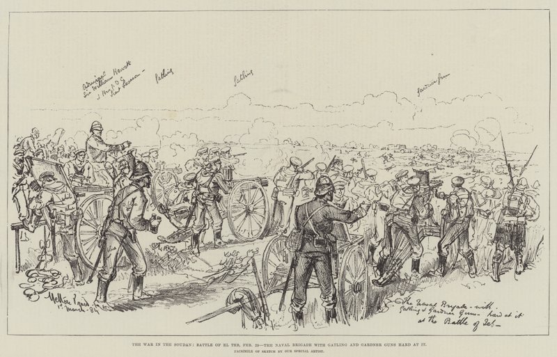 La guerra nel Sudan, battaglia di El Teb, 29 febbraio, la Brigata Navale con Gatling e Gardner Guns al lavoro da Melton Prior