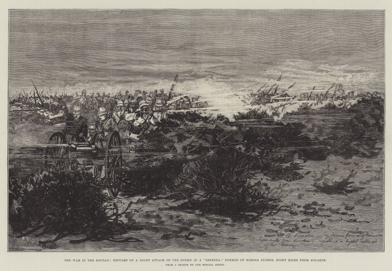 La guerra nel Sudan, respinta di un attacco notturno del nemico in una Sereeba, formata da cespugli di mimosa, otto miglia da Souakim da Melton Prior