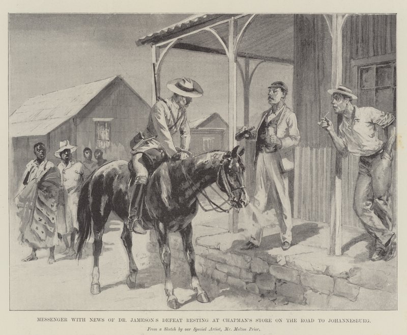 Messaggero con notizie della sconfitta del dottor Jameson che si riposa al negozio di Chapman sulla strada per Johannesburg da Melton (after) Prior