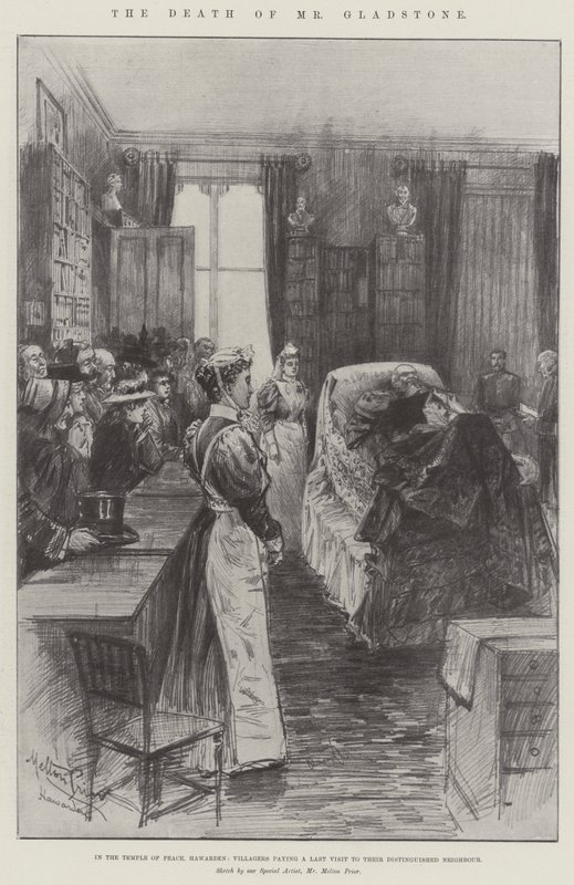 La morte di Mr Gladstone, nel Tempio della Pace, Hawarden, i paesani rendono un ultimo omaggio al loro illustre vicino da Melton Prior