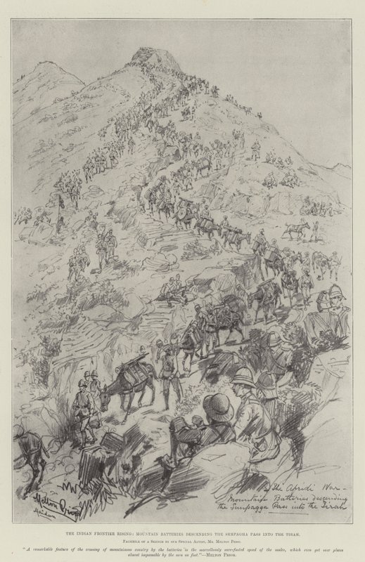 La rivolta della frontiera indiana, batterie di montagna che scendono il passo Sempagha nel Tirah da Melton Prior
