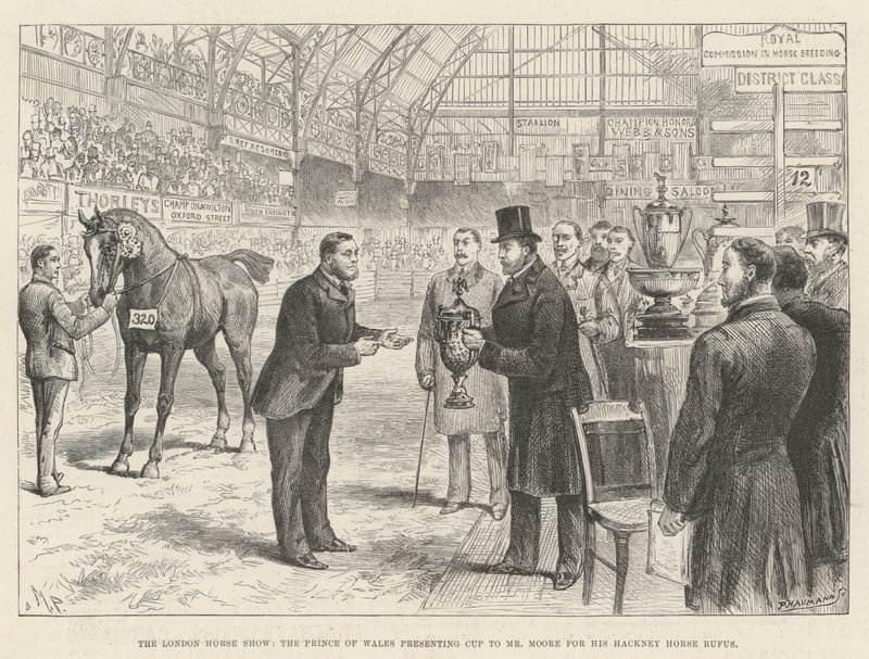 Lo spettacolo equestre di Londra, il principe di Galles presenta la coppa a Mr Moore per il suo cavallo Hackney Rufus da Melton Prior