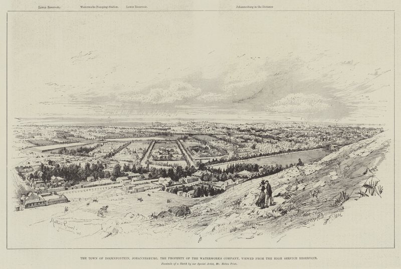 La città di Doornfontein, Johannesburg, proprietà della Waterworks Company, vista dal serbatoio di servizio alto da Melton Prior