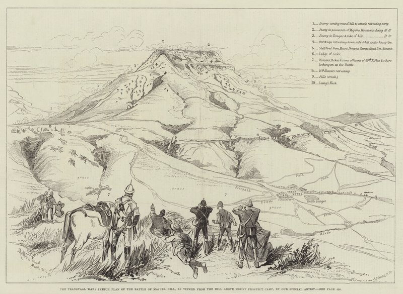 La guerra del Transvaal, piano schizzo della battaglia di Majuba Hill, vista dalla collina sopra il campo di Mount Prospect da Melton Prior