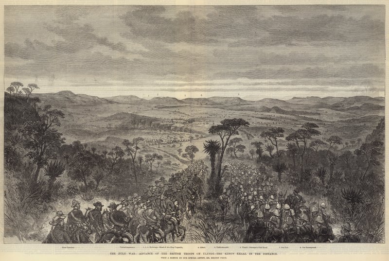 La guerra Zulu, avanzata delle truppe britanniche su Ulundi, il kraal del re in lontananza da Melton Prior