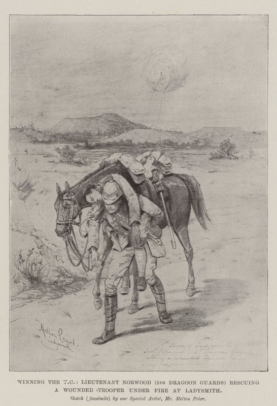 Vincere la VC, il Tenente Norwood (5° Dragoon Guards) salva un Soldato Ferito sotto il Fuoco a Ladysmith da Melton Prior