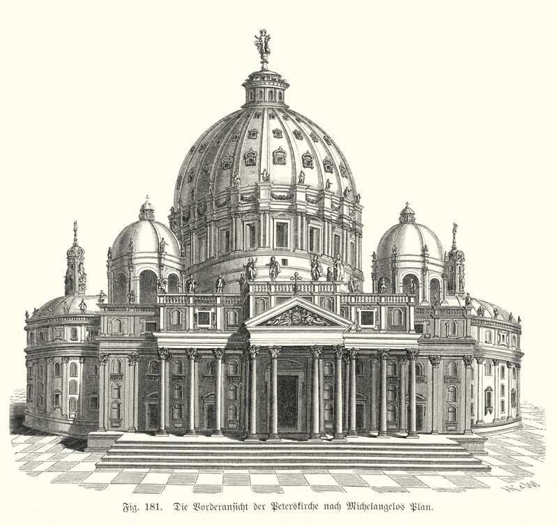 Vista del progetto di Michelangelo per la facciata della Basilica di San Pietro, Roma, Italia da Michelangelo (after) Buonarroti